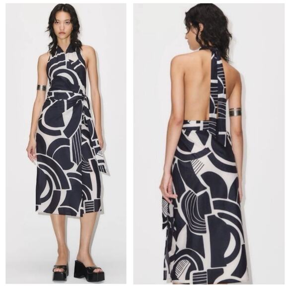 Zara Dresses & Skirts - Zara The Nicole Printed Halter Wrap Navy/White Midi Dress Size Large Open Back